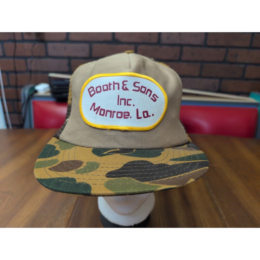 VTG. 70s 80s Camo Booth & Sons Monroe, La Patch Trucker Foam Mesh Snapback Hat